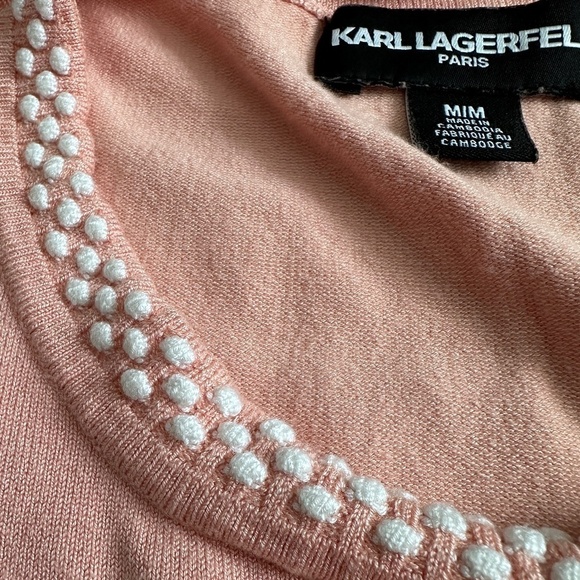 Karl Lagerfeld Paris - Short Sleeve Knit with Embroidered Neck Line in Soft Pink - Picture 6 of 9